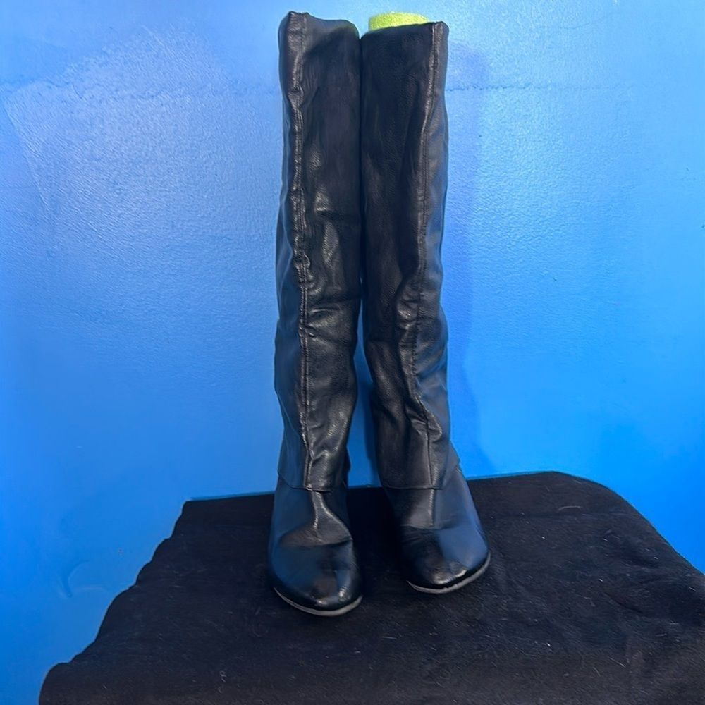 Black Wedge Heel Knee High Boots Women’s Genuine Leather